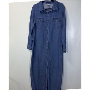 Vintage California Style Blue Denim Maxi Shirt Dress Size 14 Long Sleeve